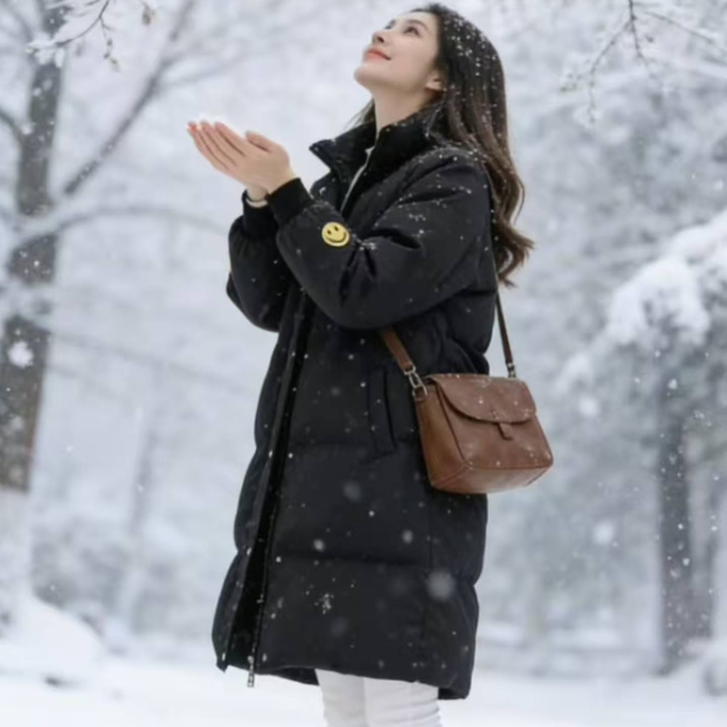 韩版插肩袖连帽女款百搭保暖中长款加厚棉服棉袄外套刺绣棉服冬季