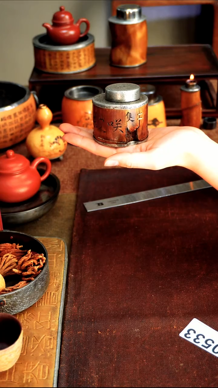 观*0533铜佛款刻字竹包锡油灯