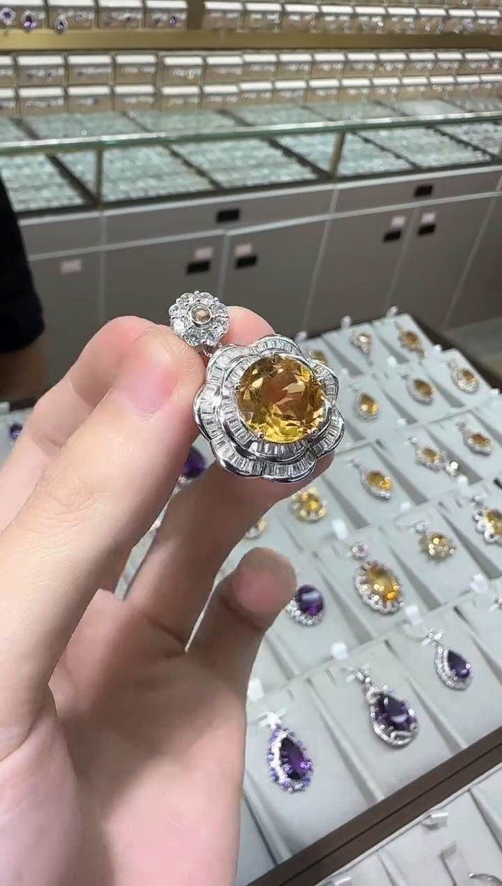 【闪购商品】银S925镶嵌颈饰黄晶13mm吊坠