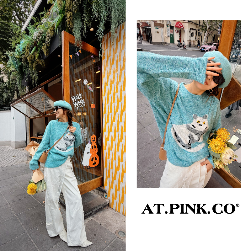 【三三品牌】立体猫咪羊毛针织衫保暖加厚休闲宽松毛衣FY325