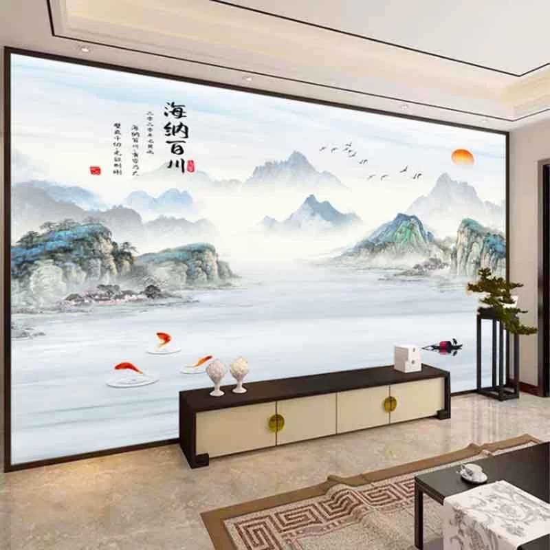 海纳百川新中式山水画电视背景墙布3D立体壁纸客厅影视墙装饰壁画