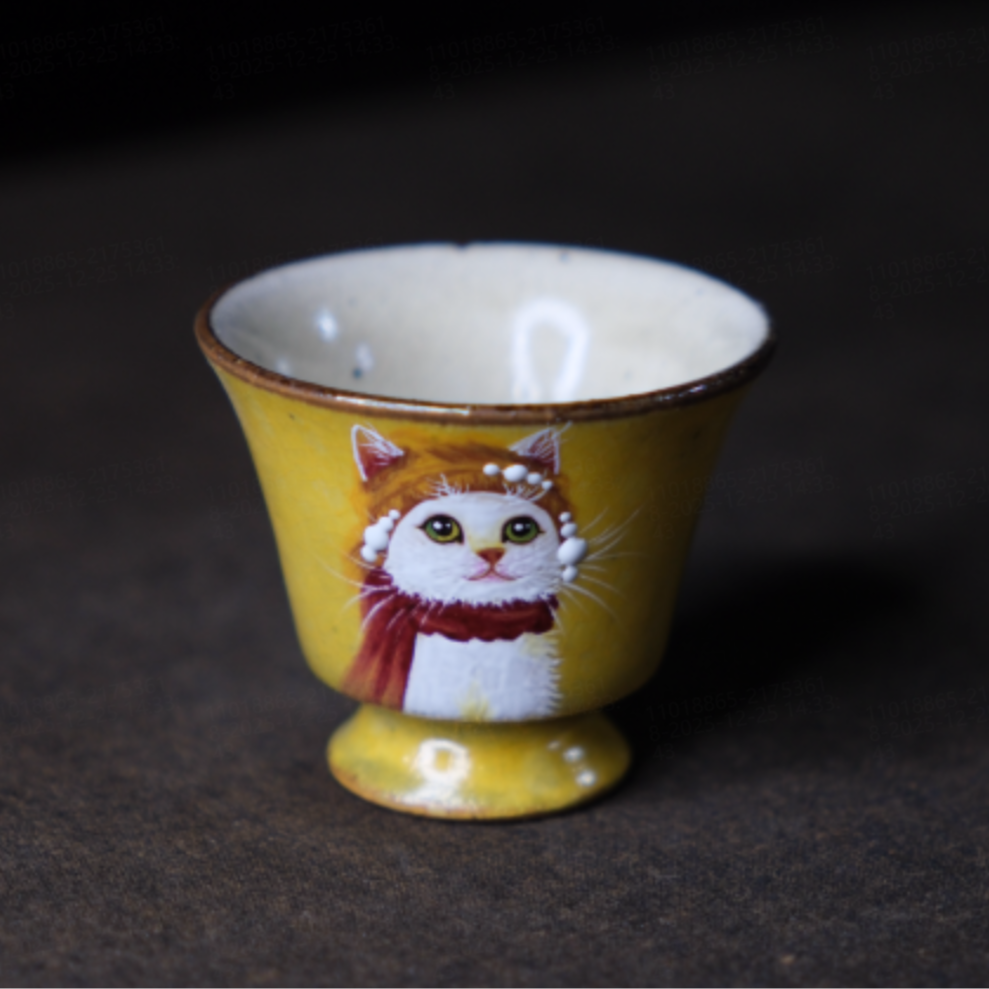 【九姐爱喝茶】油画风，梦娜丽莎.猫，高足杯（蕉白S0822）