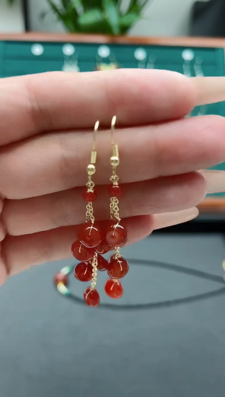 【闪购商品】南红玛瑙耳饰银S925镀金镶嵌1算盘珠红