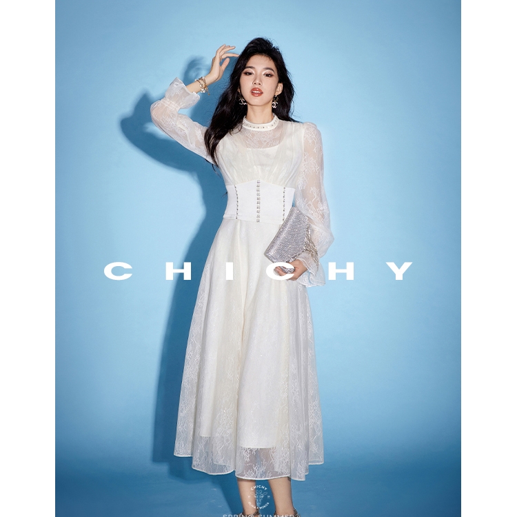 【媛媛女王专享】CHICHY仙气千金长袖蕾丝拼接长裙CC8F022243