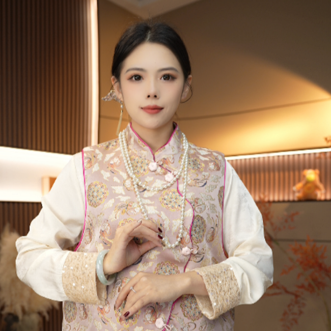 绣锦］2025新款国风新中式立体织锦缎圆领马甲Z6003 403沐子