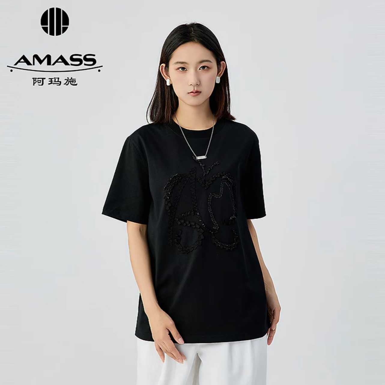 AMASS/阿玛施新款一秒入夏棉质休闲百搭蝴蝶印花短袖T恤530092
