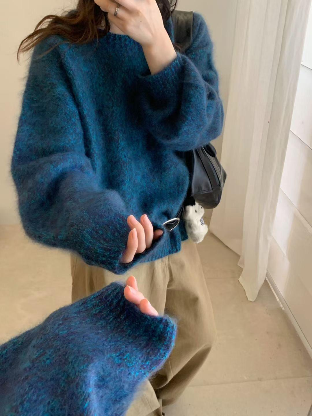 【蓝眼泪】100%绵羊毛蓝色慵懒风秋冬新款拉绒花纱加厚宽松毛衣