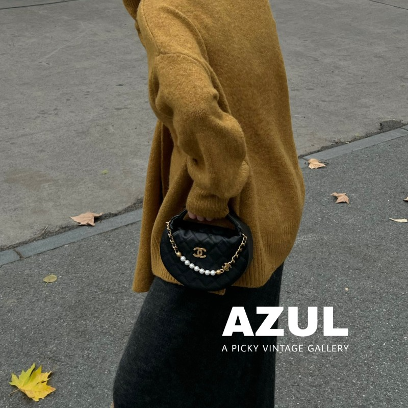 99新 Chanel/香奈儿 Azul-25S黑金荔枝皮珍珠链呼啦圈手提包53813