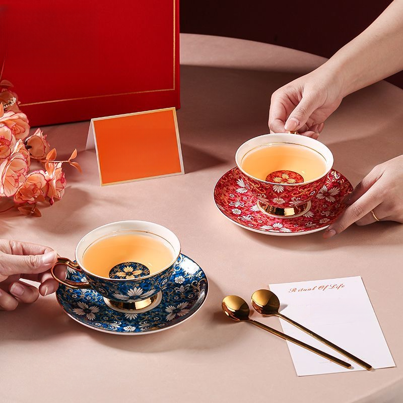 AN娜礼盒装家用复古轻奢珐琅陶瓷杯英式茶具杯碟咖啡杯