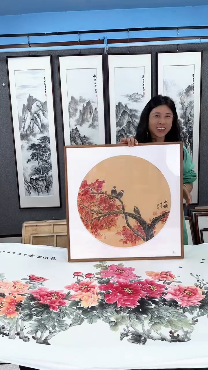 国画实木装裱  花鸟 60*60