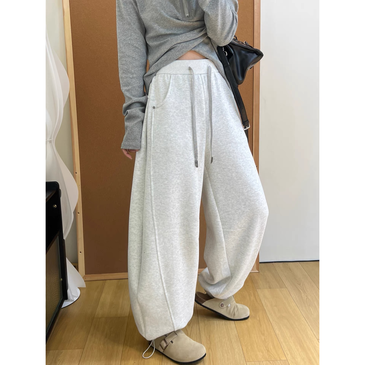 韩系显瘦慵懒垂感弯刀裤抽绳运动休闲百搭香蕉裤一裤两穿