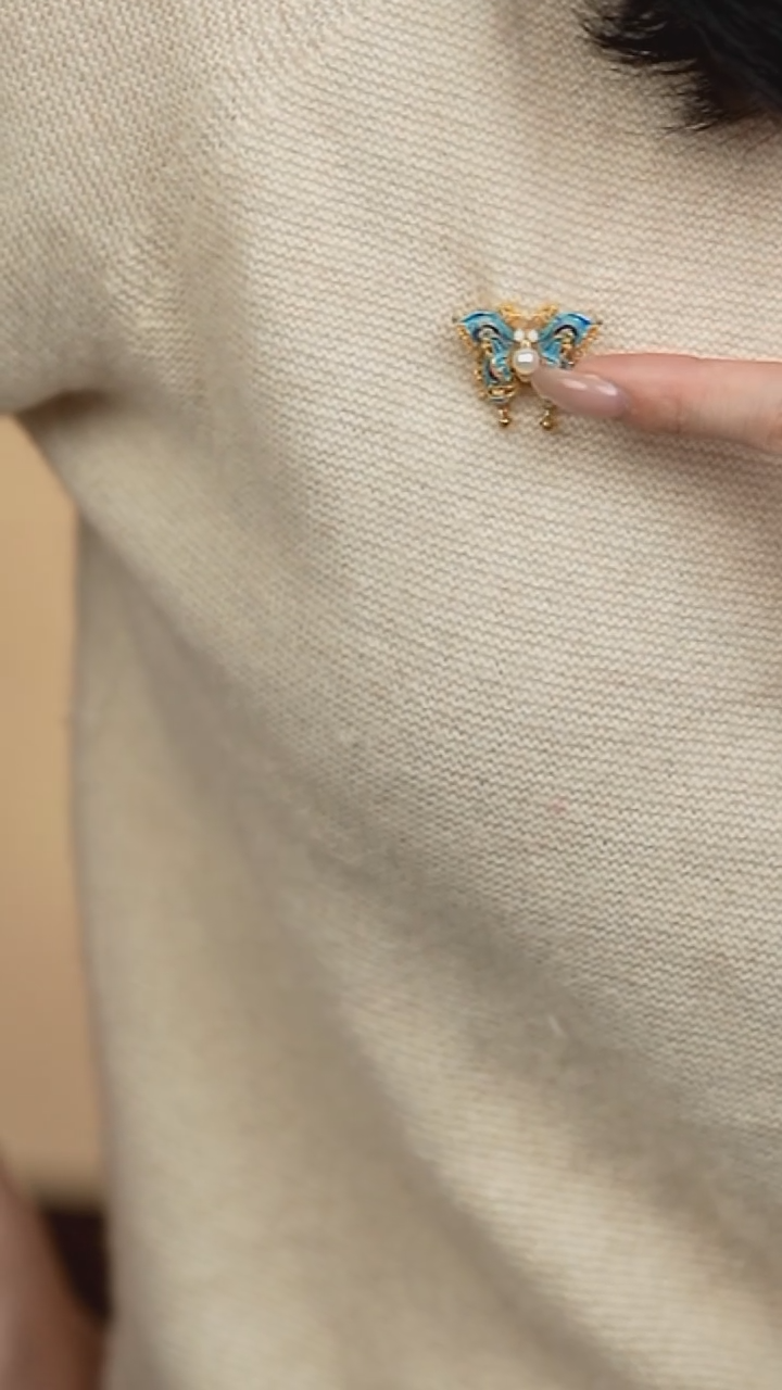 合金胸饰海水珍珠5-6akoya蝴蝶胸针（不含证书）