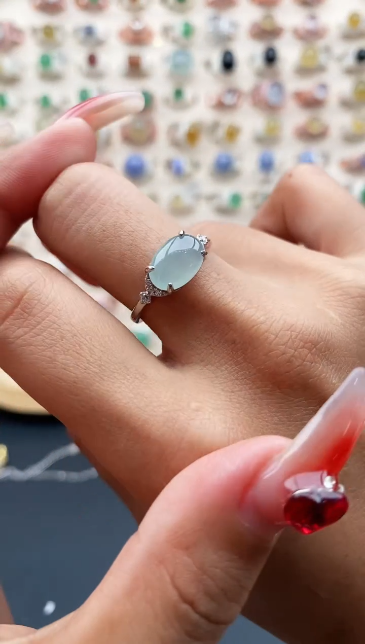 【闪购商品】翡翠戒指银S925镶嵌缅甸天然A货翡翠222 3+4