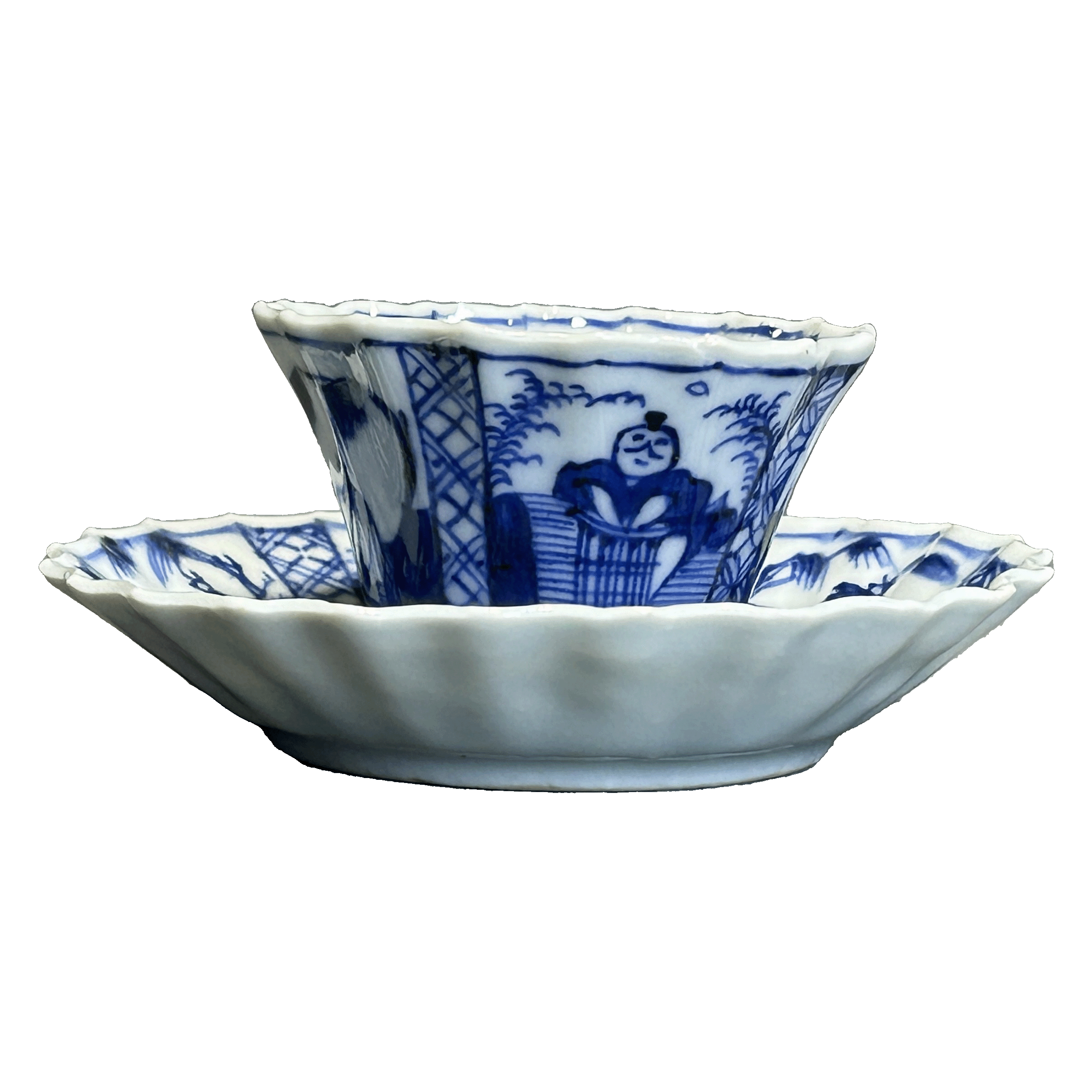 25030847x青花山水渔家乐花口杯碟