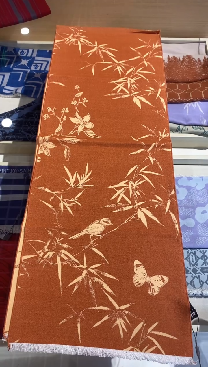桑蚕丝双面丝毛长巾 竹影花吟  米橙色 CJS24004