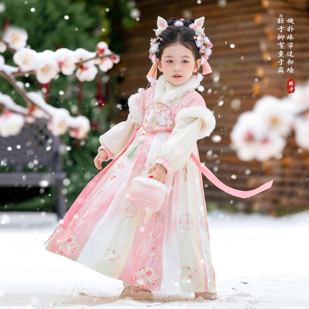 古月家.喜兔 汉服女童2025秋冬款儿童古风仙气加绒连衣裙国风襦裙