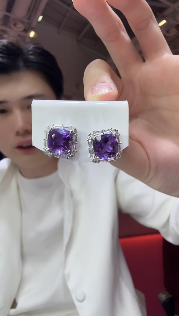 银S925镶嵌耳饰紫晶耳钉11mm帝王紫