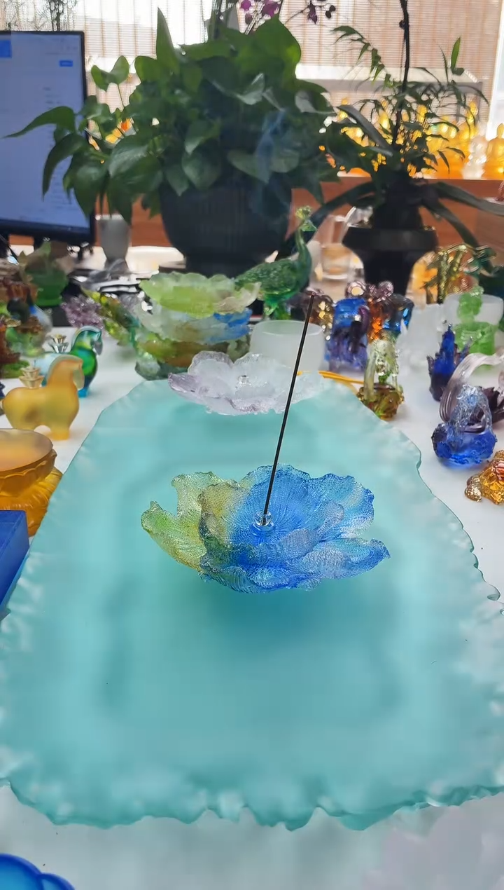 手工艺品琉璃彩色牡丹花线香插12公分