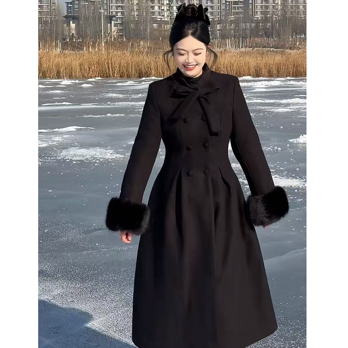 【张张定制】冬季长款街头风厚款毛呢外套收腰女装大衣6050