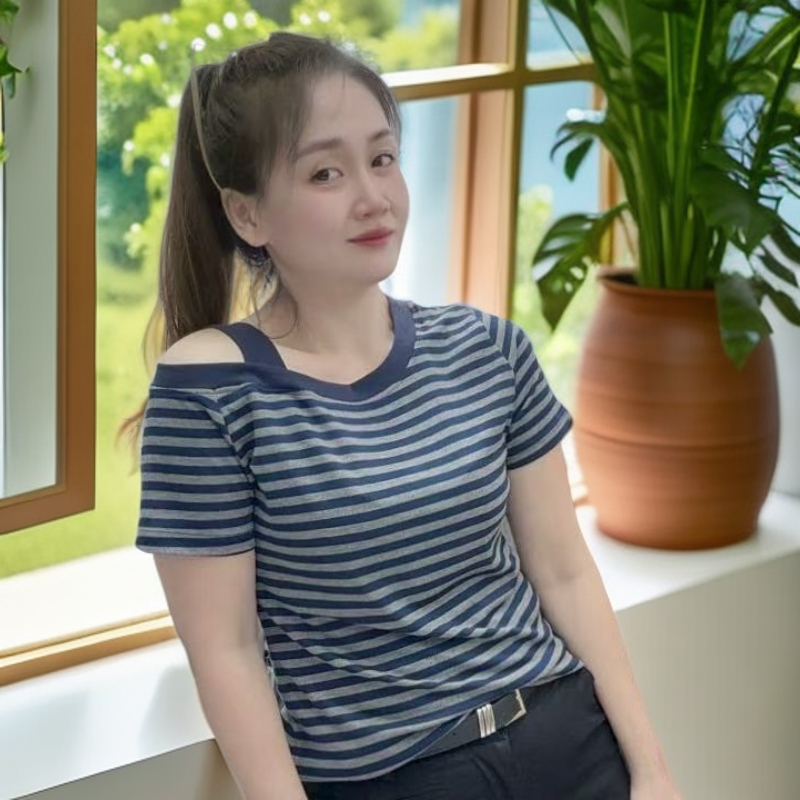 《丽丽家》美式复古露肩条纹短袖t恤女夏季新款修身设计斜肩上衣女
