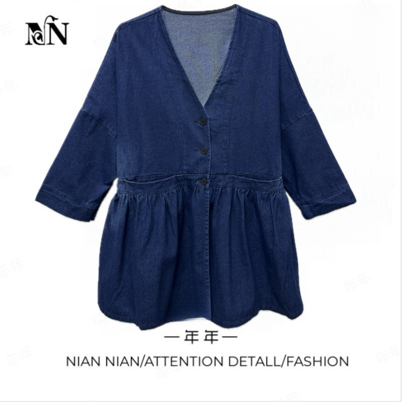 〖甜心教主〗年年2025春季新款宽松显瘦减龄纯色长袖V领牛仔上衣女