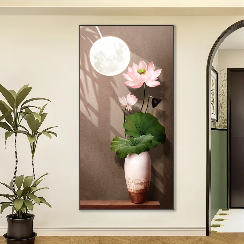 现代中式荷花绚丽九鱼艺术玄关走廊画入户手工晶瓷玄关装饰画