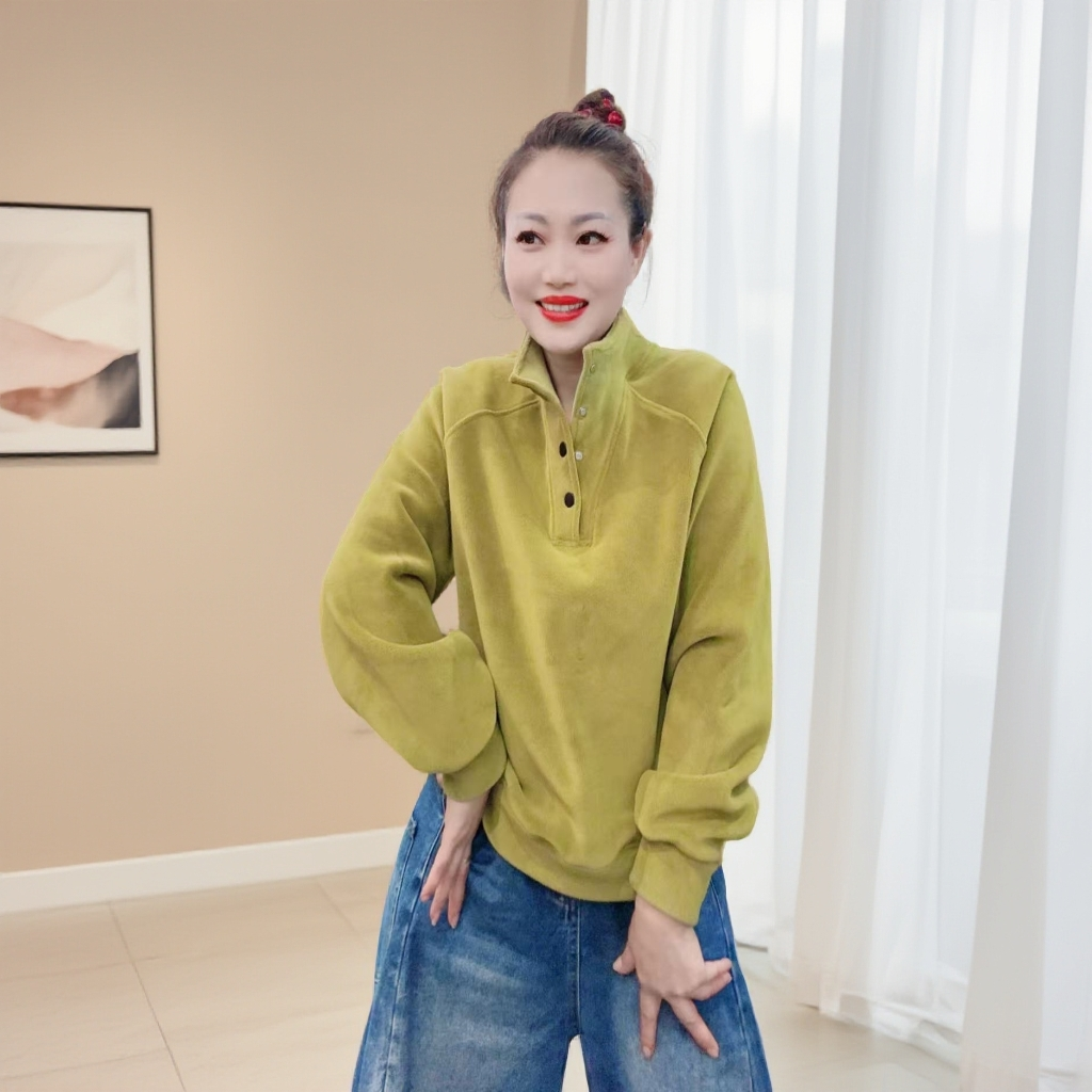 纽扣卫衣双面奥粒绒休闲保暖拼接女百搭加厚纯色上衣套头立领