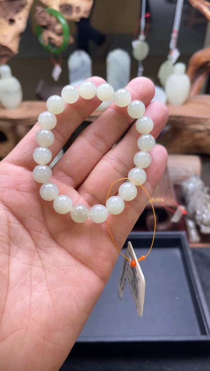 【闪购商品】和田玉手串未镶嵌卡10且末青白圆珠A+9006069