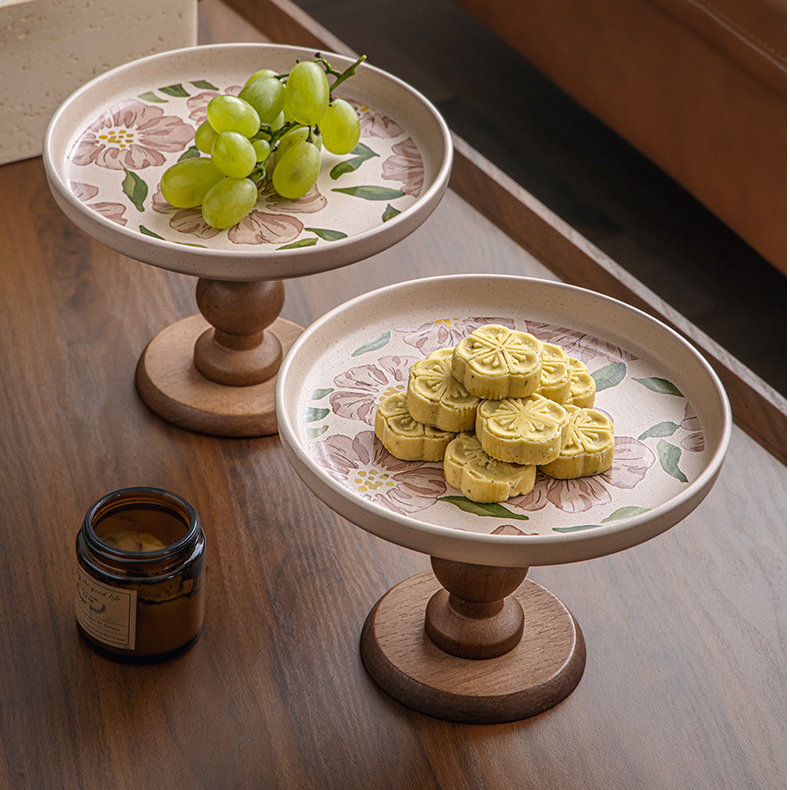 【摩登空间】中古风陶瓷托盘木质高脚盘陶瓷水果盘糕点盘收纳首饰盘