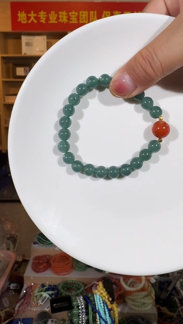 银S925镶嵌手串翡翠8mm蓝水翡翠南红手串多样性发一