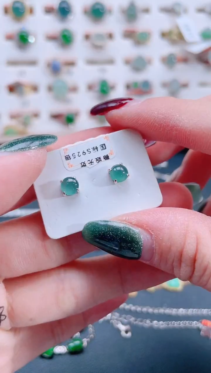 银S925镶嵌翡翠耳饰天然翡翠
