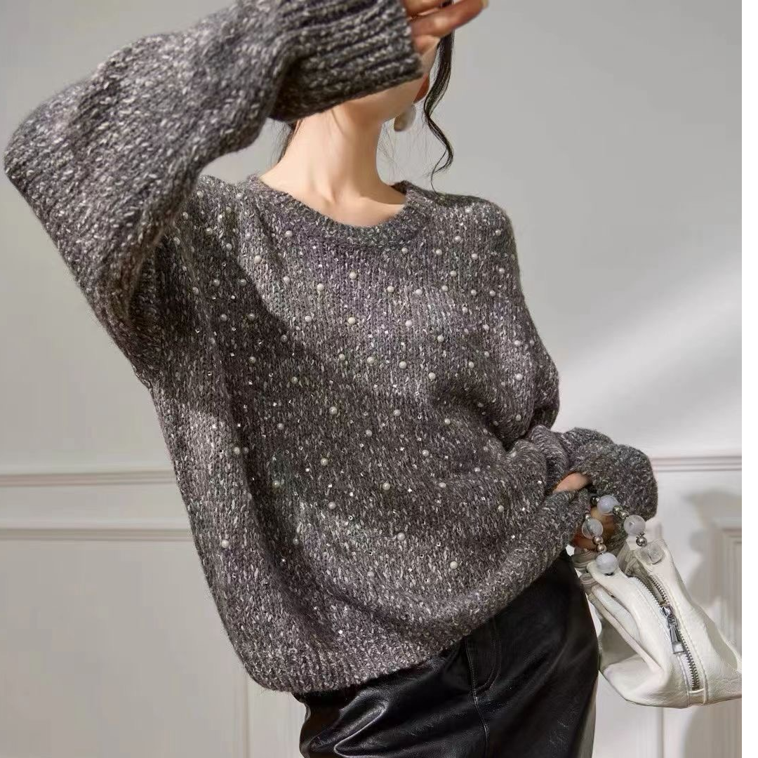 【猫宁云裳】圆领粗毛线钉珠亮钻珍珠简易宽松毛衣MNYS-KDK2129