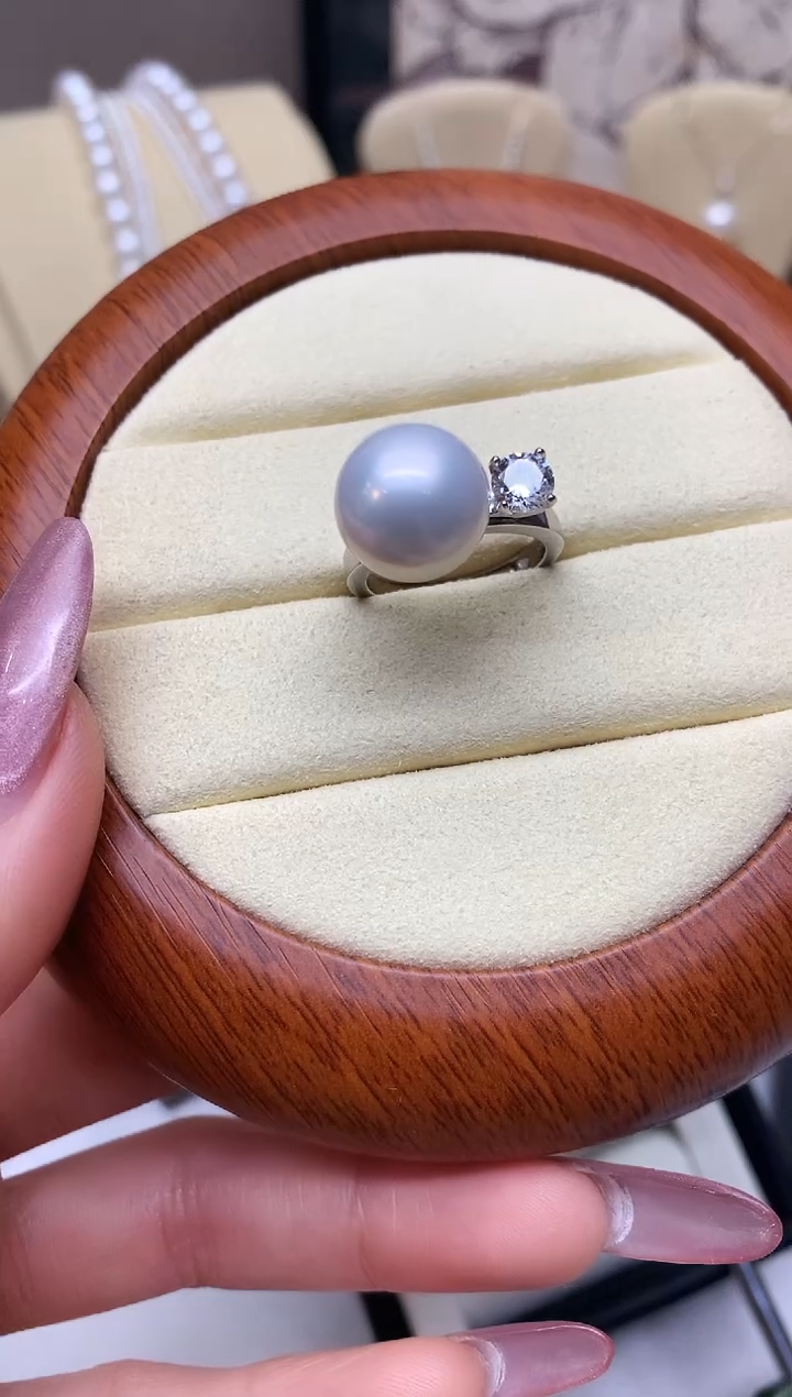 银S925镶嵌戒指淡水珍珠12-13mm