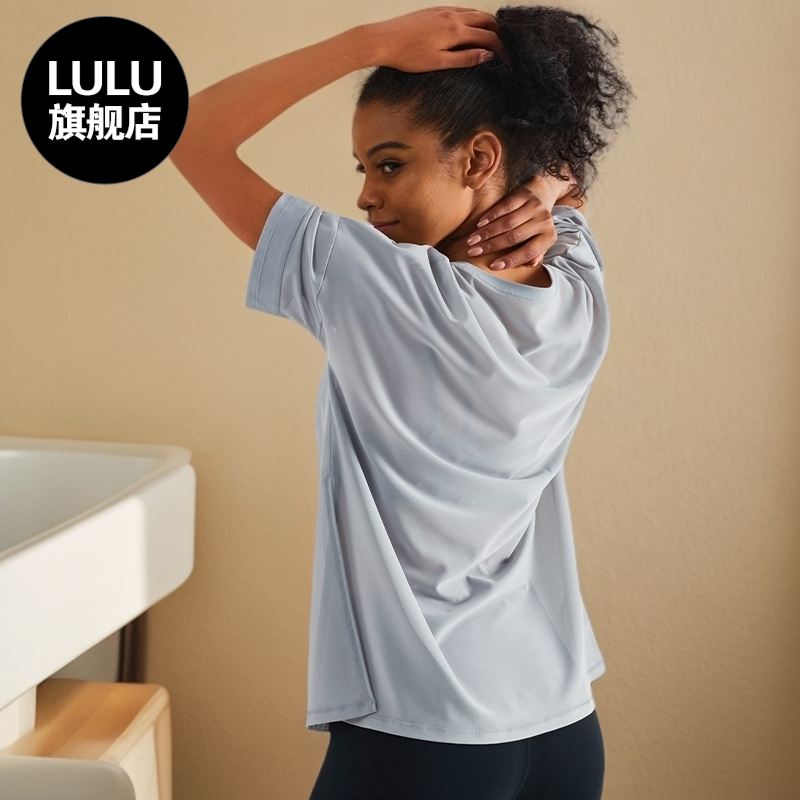 LULU洋气圆领宽松短袖T恤女夏新款休闲轻薄速干透气侧开衩