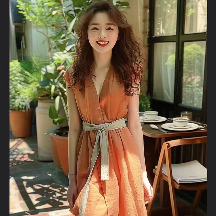 夏季橙色气质简约连衣裙2025新款轻奢高级裙子网红v领年轻女