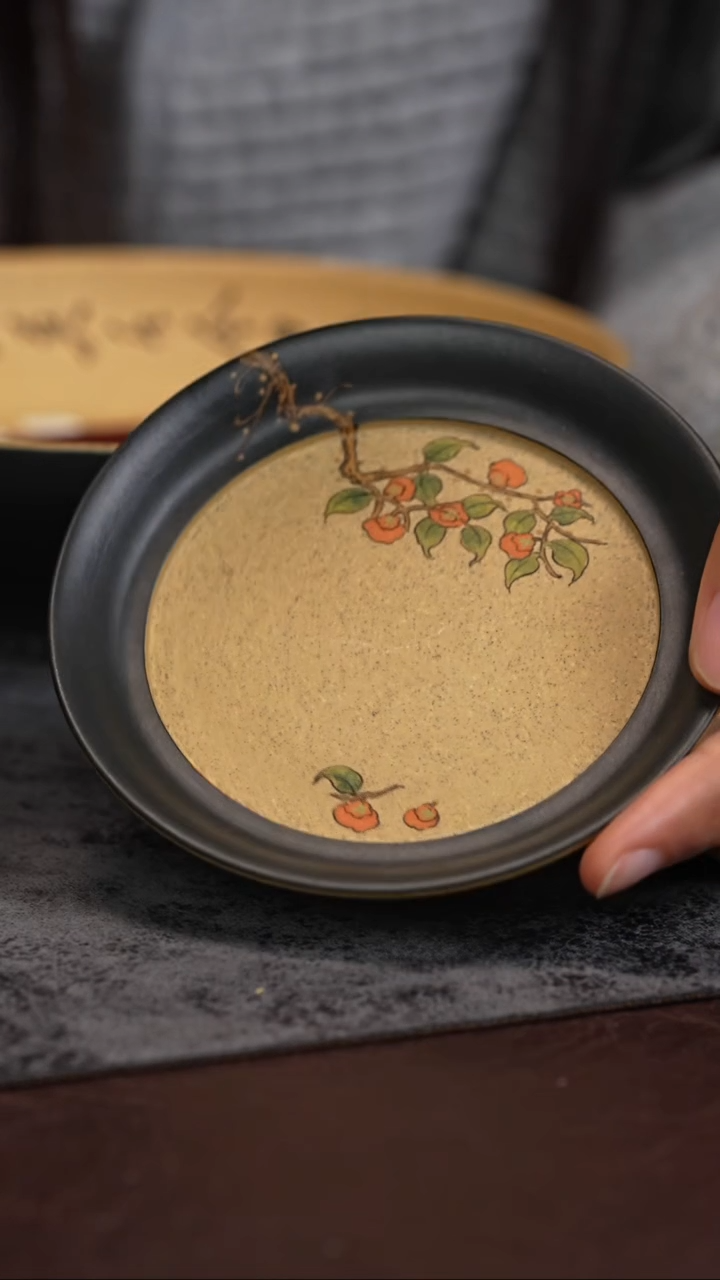 【闪购商品】紫砂茶杯双色粉浆 柿柿如意 杯垫