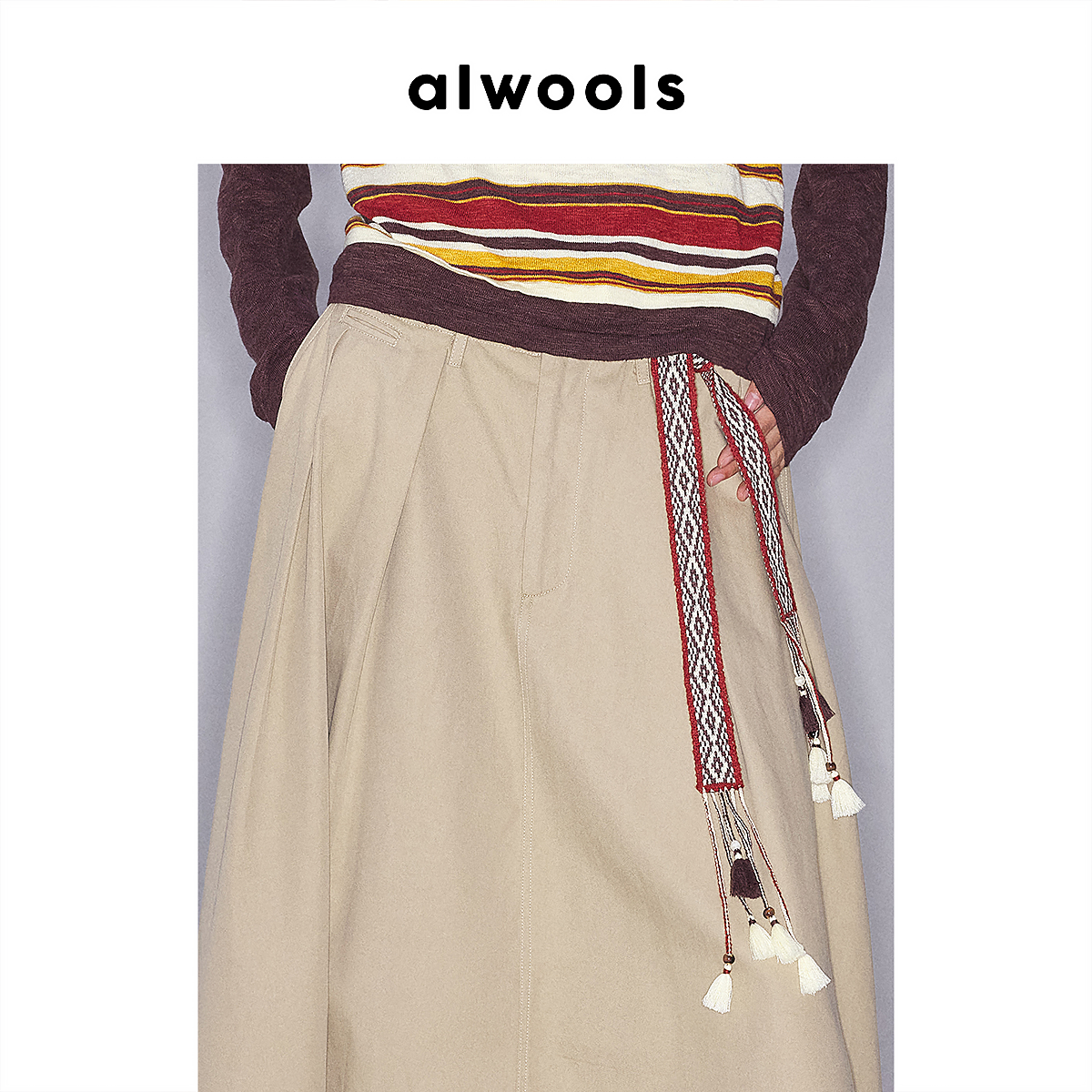 ALWOOLS2025秋冬新品费尔岛复古图案流苏针织腰带