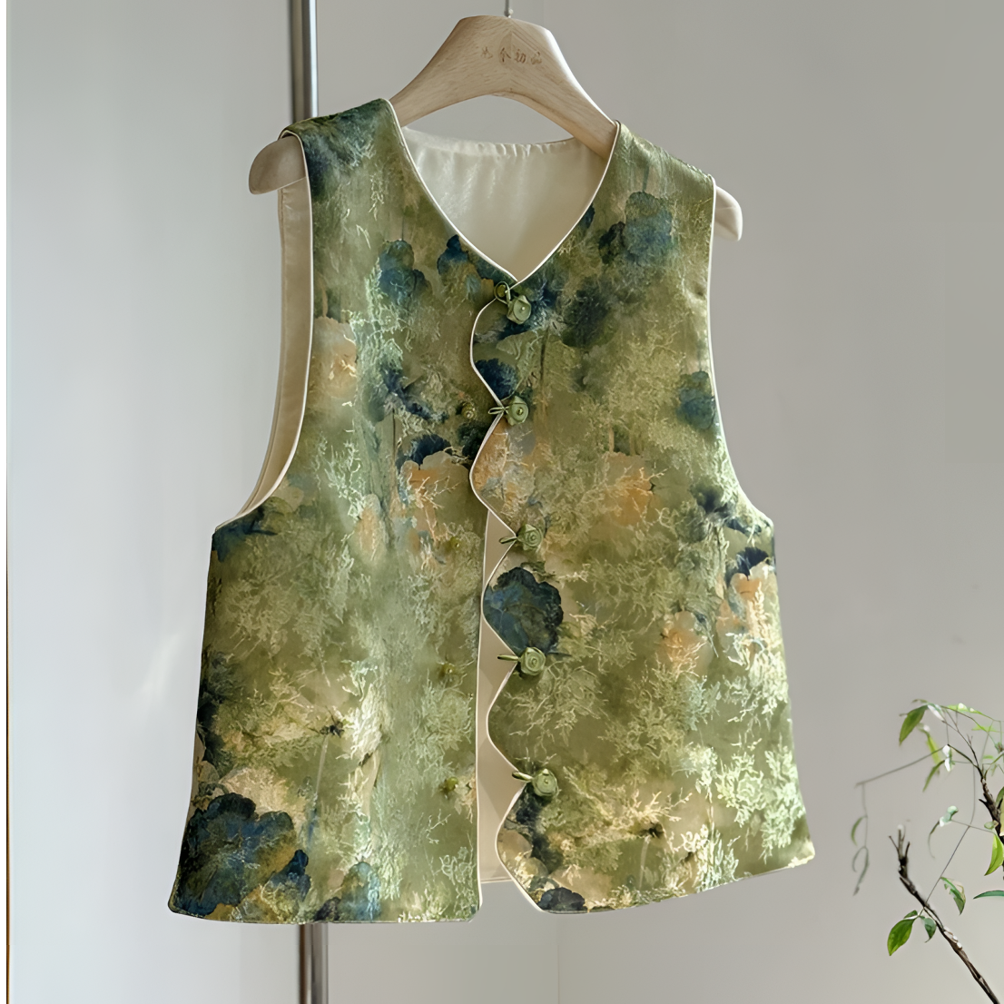 马甲印花女马夹唐装夏季秋季鎏金深绿马甲秋季绿色