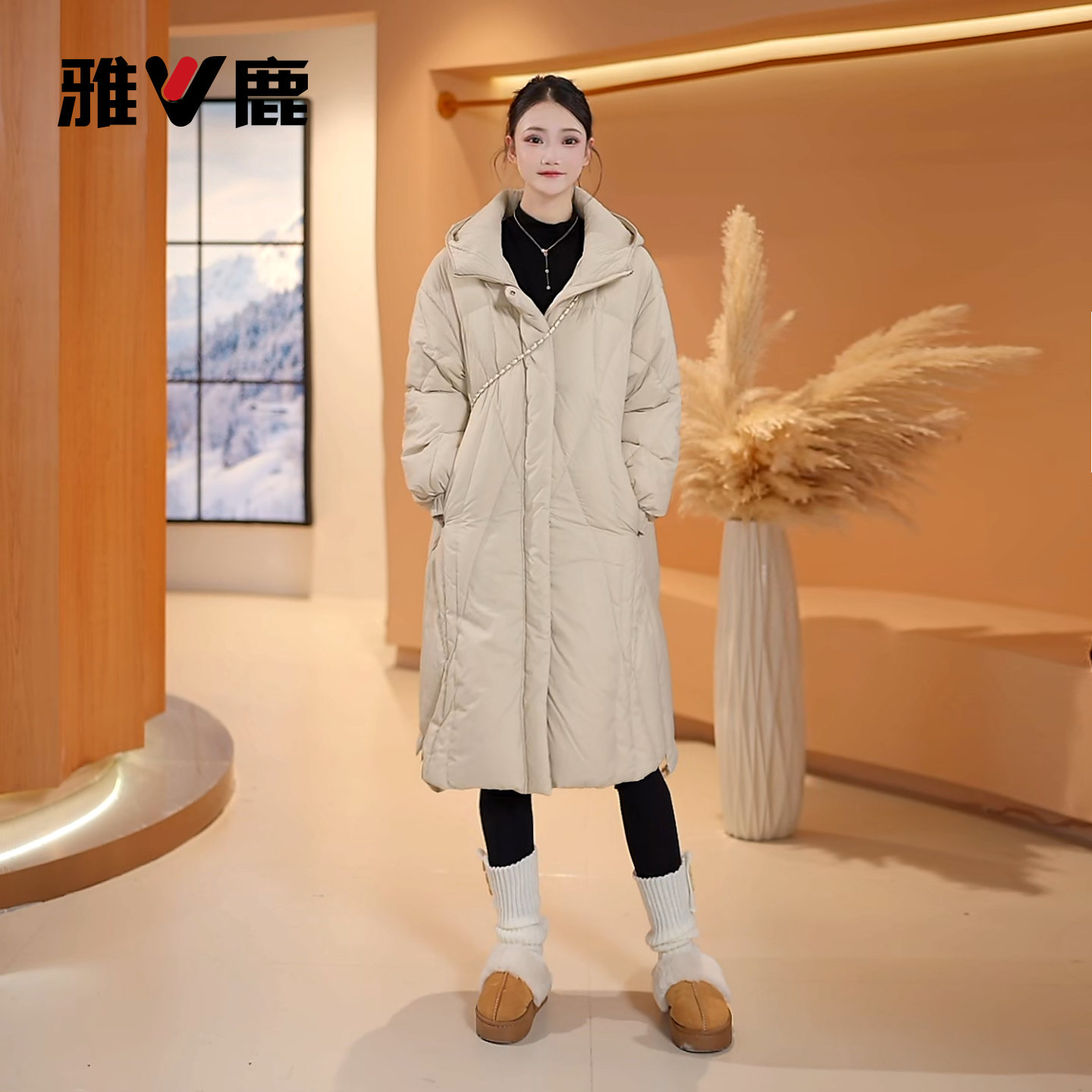 雅鹿长款羽绒服女士连帽过膝冬季保暖百搭修身90绒中长款羽绒外套