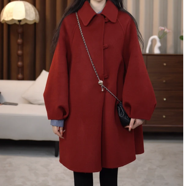 2025新款简约宽松温柔风娃娃领时尚百搭中长款秋冬羊毛大衣2508