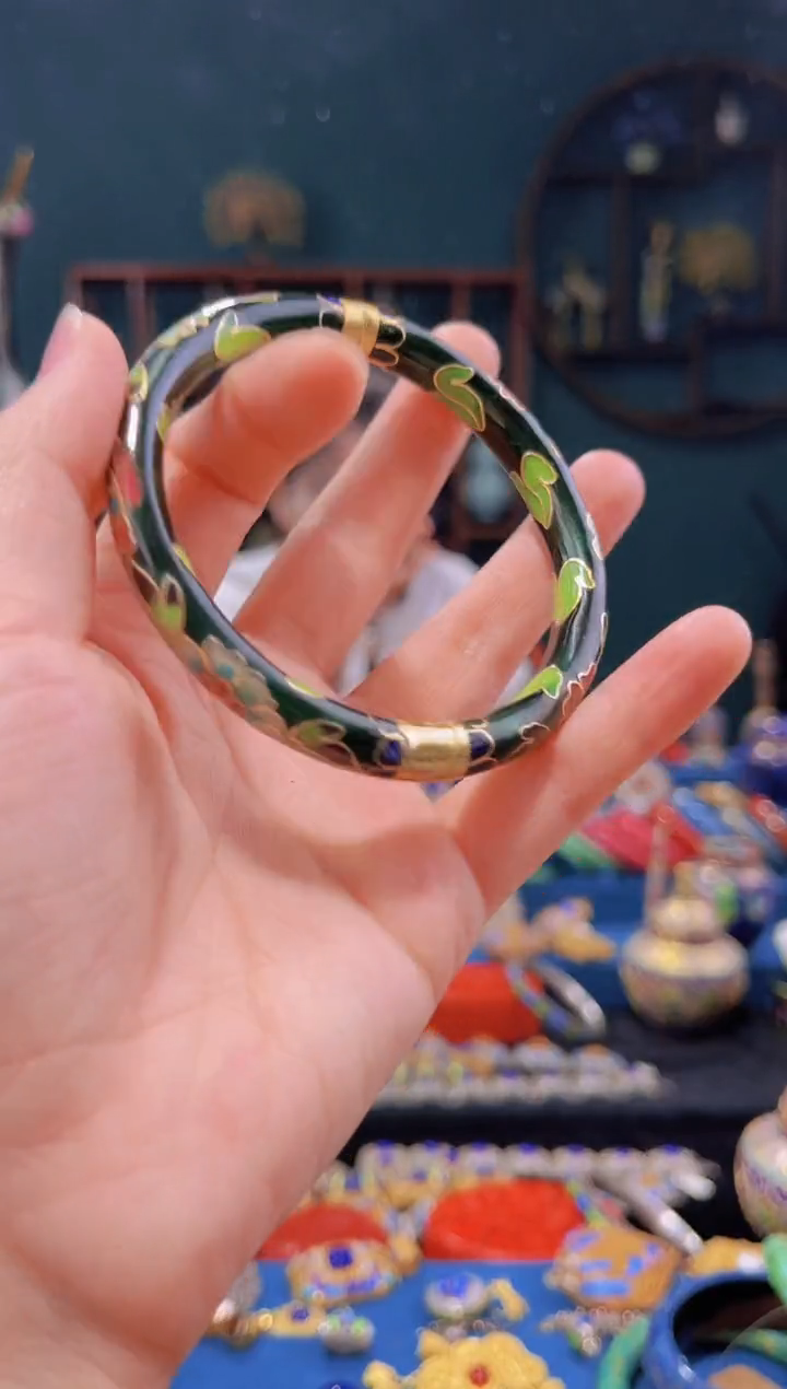 非遗技艺景泰蓝开口手镯 墨绿