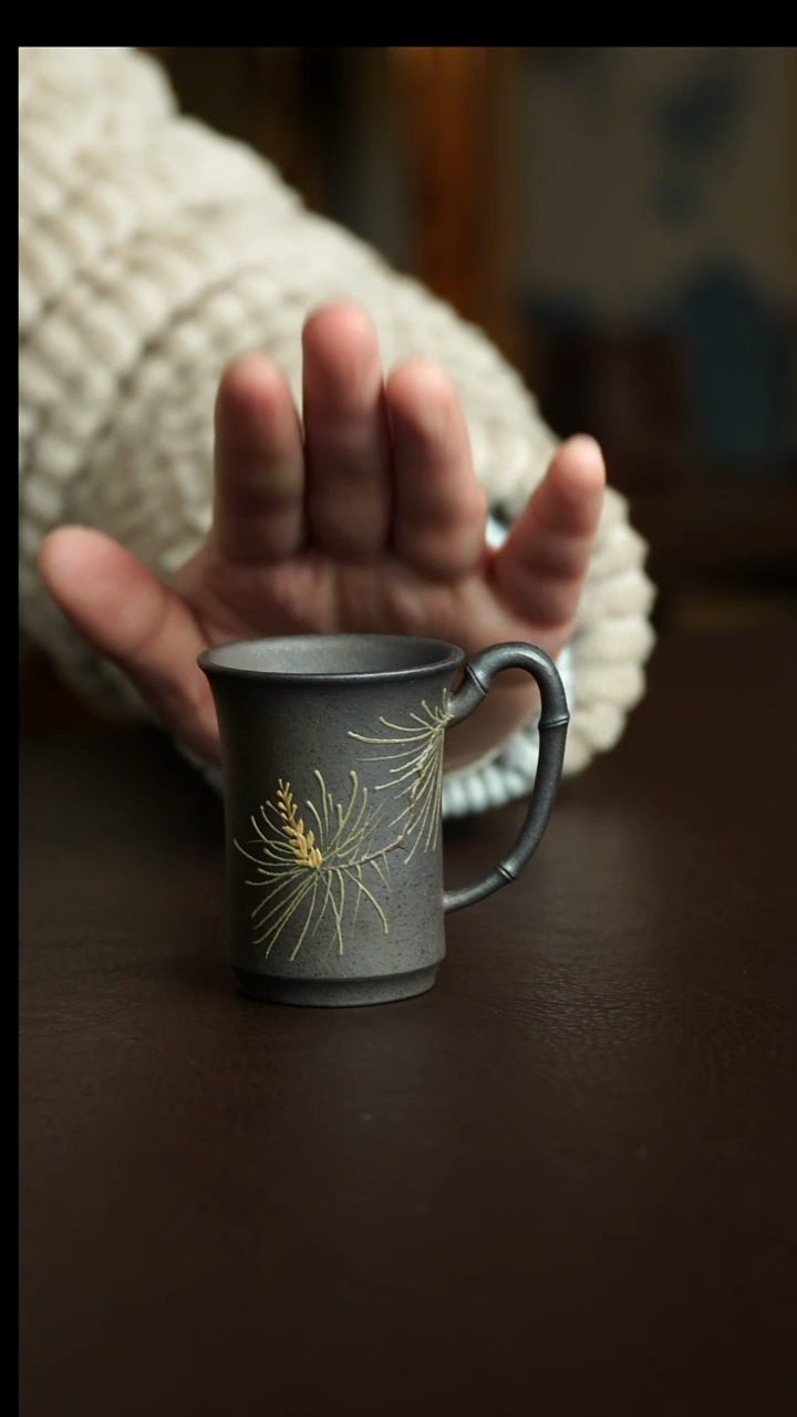 茶杯紫砂36号 特价柴烧松枝竹节把杯 宜兴紫砂原矿作品