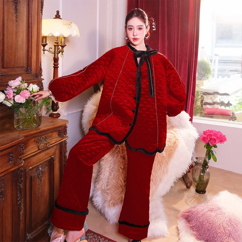 ANNZ一帘幽梦酒红水钻夹棉加厚可外穿灯笼袖睡衣家居服