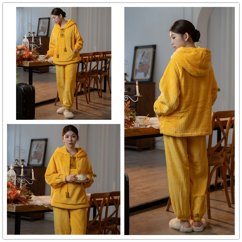 HY黄色盘扣加绒连帽女士套头休闲可外穿保暖家居服套装