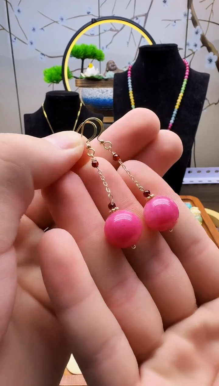 菱锰矿（红纹石）14K金镶嵌耳钉E159