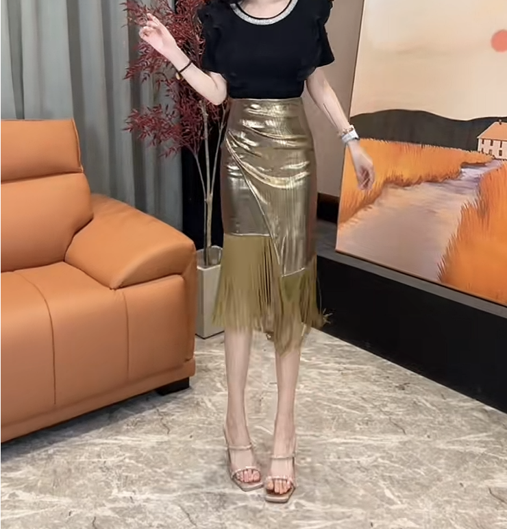 六金定制--[JW30]法式轻奢风高腰流苏拼接褶皱显瘦包臀百搭一步裙