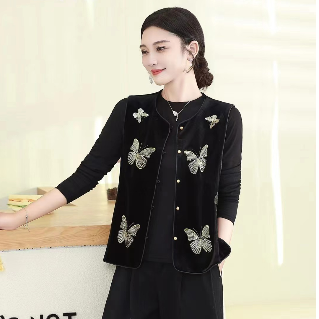 高品质新中式撞色拼接提花丝绒马甲女秋季新款时尚圆领单排扣坎肩