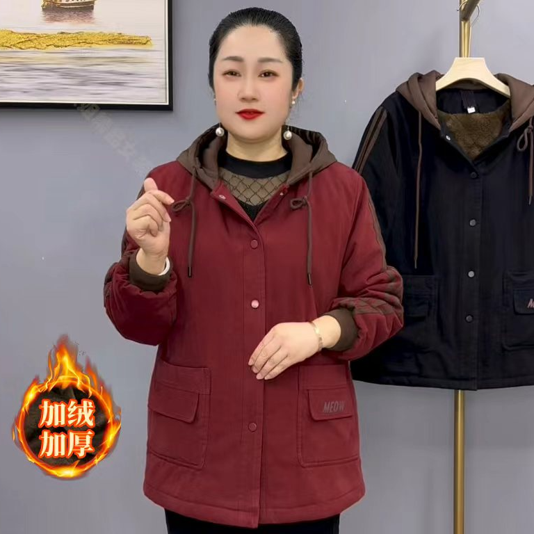秋冬新款休闲时尚洋气宽松显瘦加绒加厚保暖连帽妈妈装棉服807款
