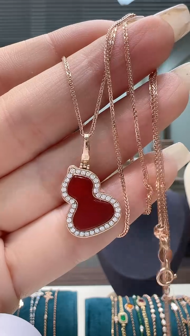 【闪购商品】钻石颈饰18K金镶嵌满钻红葫芦吊坠+50肖邦链