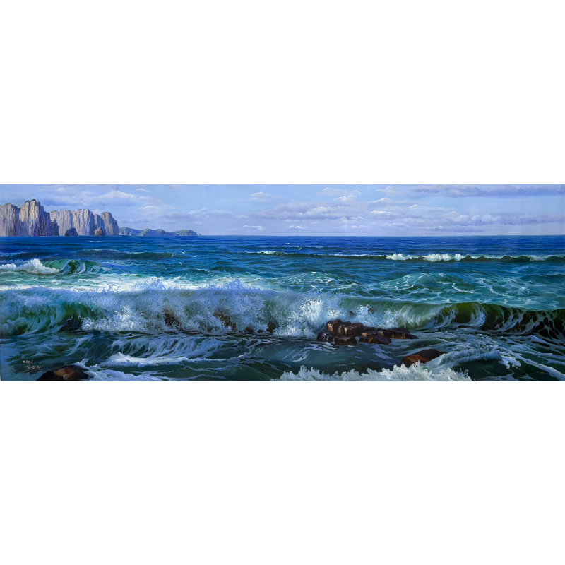 【高端朝鲜画】110x300cm 大海海浪客厅沙发背景纯手工手绘办公室画